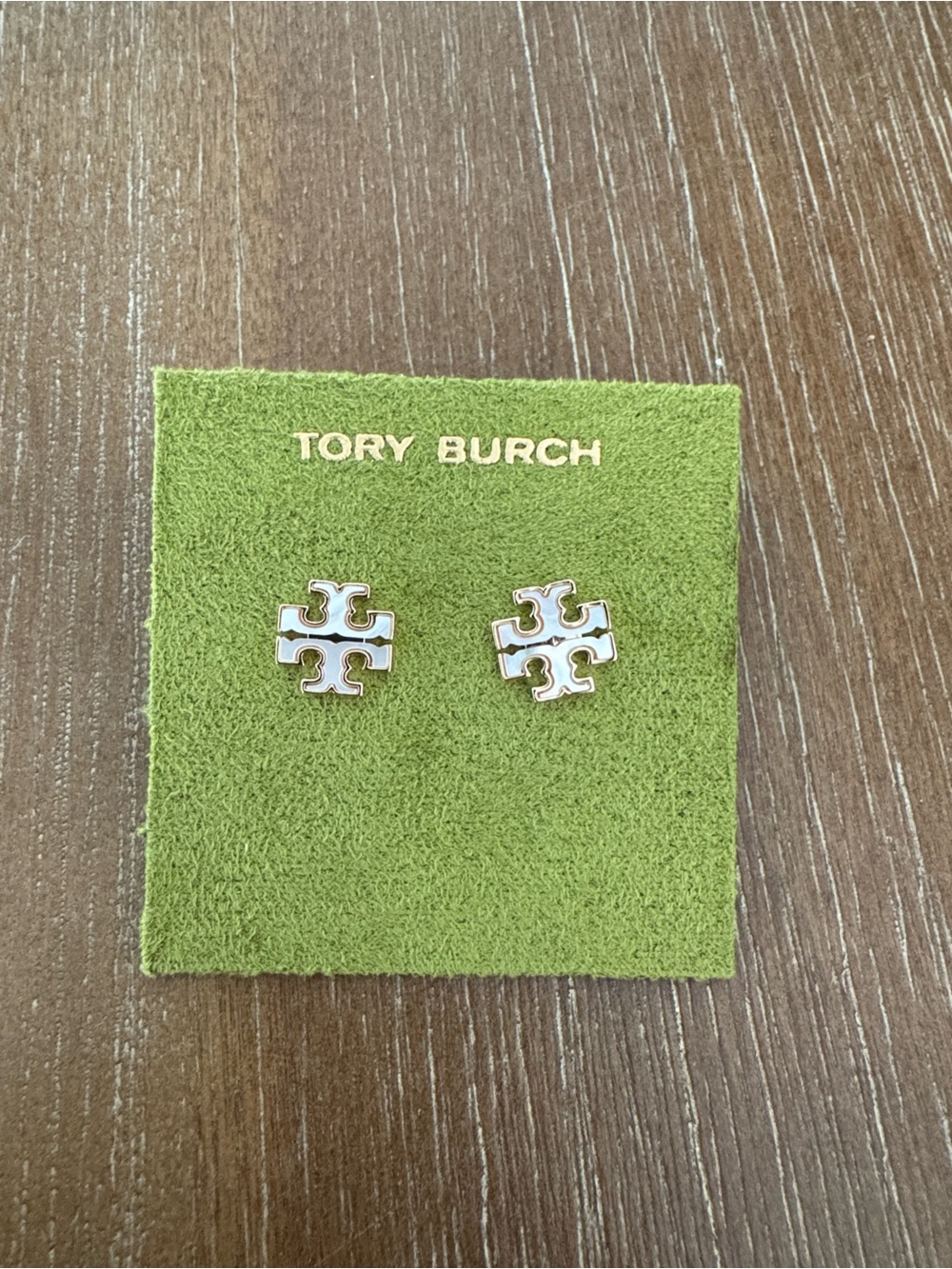 Tory Burch Kira Opal White Enamel Logo Stud Earrings NWT